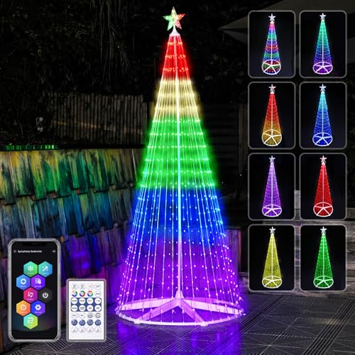 7.5ft Outdoor Christmas Cone Tree Lights with 640 Smart LED Lights & Star Topper Remote & APP Control Color Changing Timer & Music Sync Weatherproof Artificial Xmas Decoration for Yard