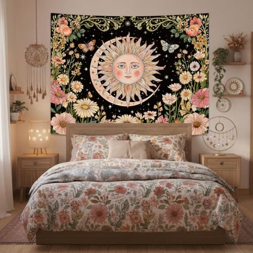 Boho Vintage Sun and Moon Hippie Floral Tapestry 60x44 Inch