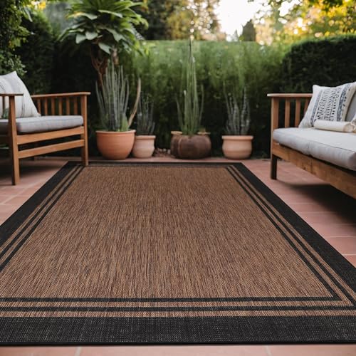 Bordered Outdoor Rug 8x10 Washable Outside Carpet for Indoor Patio Porch Waterproof Easy Cleaning Non Shedding Area Rugs Nut Brown 8 x 10