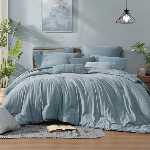 Queen Comforter Set 7 Pieces Dusty Blue Cationic Dyeing Bed in a Bag