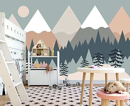 Children's Cartoon Mountain Peak Forest Sun Nursery wall Mural Wallpaper 178" x 117" (144.6 Sq Ft)