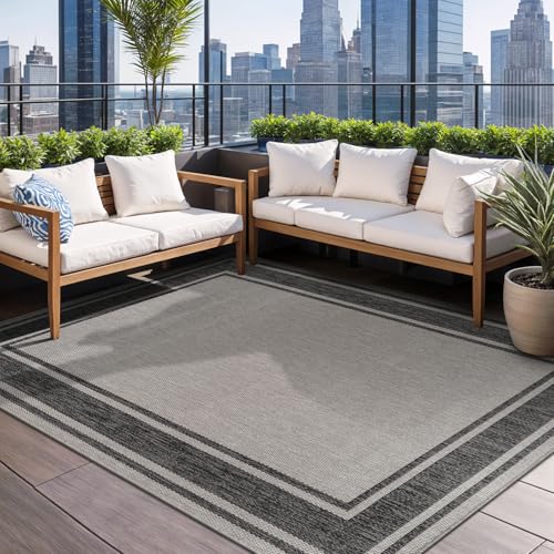 Large Outdoor Rug 10x14 Modern Bordered Area Rugs for Indoor and Outdoor Patio Deck Porch Garden Waterproof Weather Sun Resistant Washable Outside Carpet (140 Sq Ft)