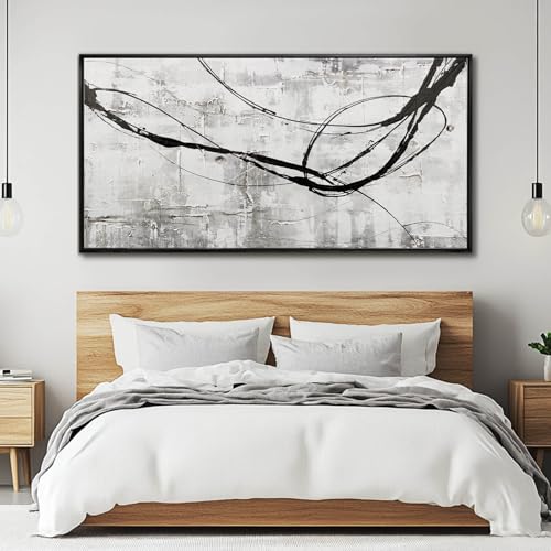 Abstract Framed Wall Art for Living Room White Pictures Canvas Black Arts Wall Decor Poster Prints Artwork for Hotel Gallery 24"x48"