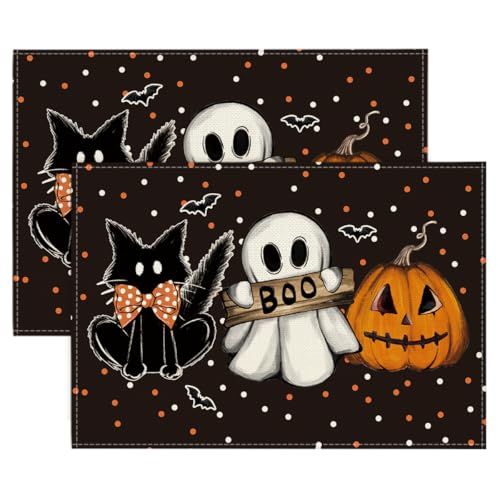 Polka Dot Ghost Pumpkin Cat Boo Halloween Placemats Set of 2 (2 Count)