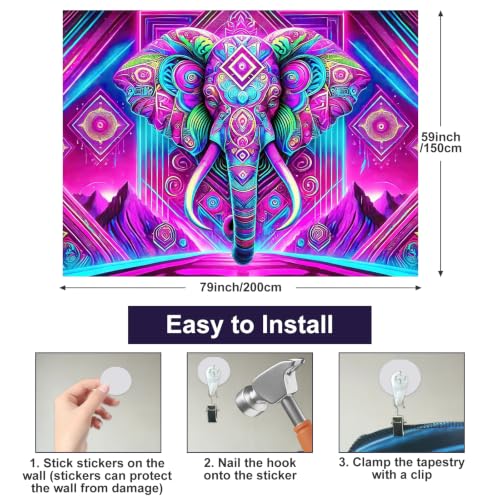 Blacklight Tapestry Elephant Neon Wall Art 78 x 59 Inch