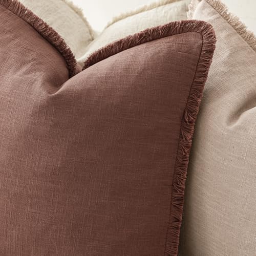 Decorative Linen Fringe Throw Pillow Covers 16×16 Inch (2 Count)
