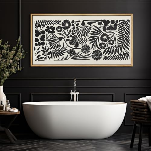Extra Large Framed Canvas Print Wall Art Monochrome Botanicals Black and White Floral Illustrations Antique Retro Fine Art Illustrations Decorative Colorful for Bedroom