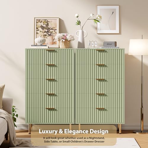 48" Fluted Green 5 Drawer Dresser for Bedroom with Deep Drawers