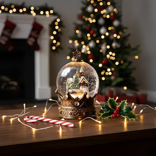 Christmas Snow Globe Lantern Water Glittering Village & Santa Crown with Music