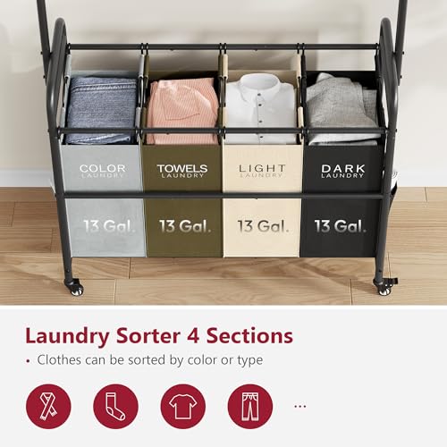 Laundry Sorter Cart with Hanging Clothes Rack