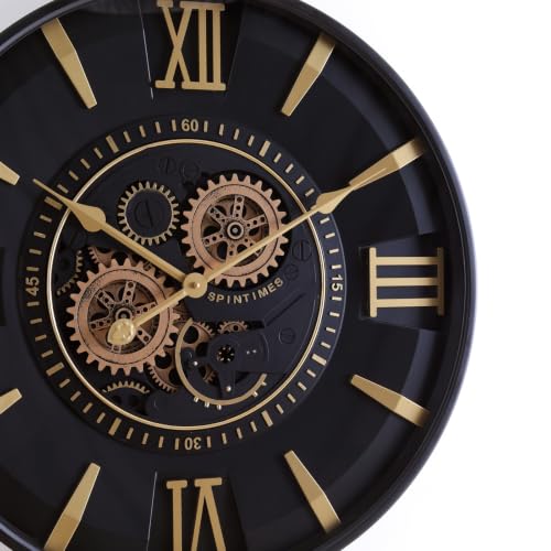 Mid Century Modern Black Gold 24 Inch Wall Clock with Moving Gears