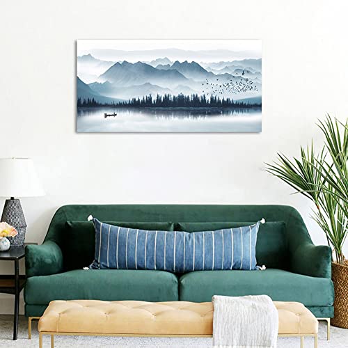 Indigo Canvas Wall Art Misty Mountain Wall Pictures Foggy Lake Boat Painting Print Blue Forest Birds Artwork Wall Decor for Living Room Wall Decorations Framed Ready to Hang 29" x 58"