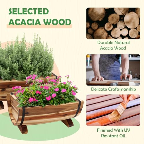 Solid Acacia Wood Half Barrel Planters Outdoor Set of 2 Different Sizes (2 Count)