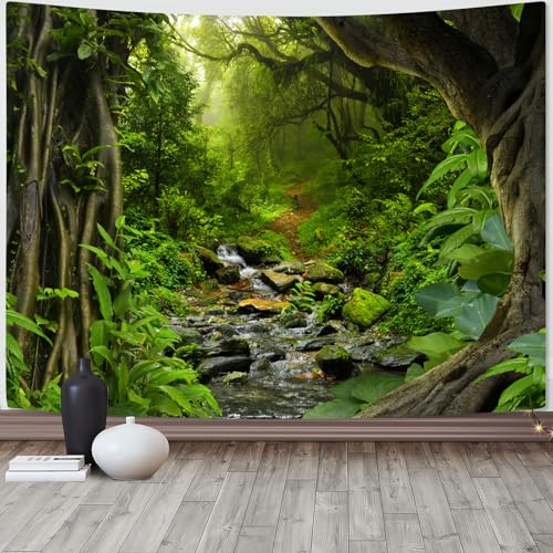 Green Rainforest Tapestry Nature Forest Tapestry for Bedroom Aesthetic Misty Tropical Jungle Trees Flowing Stream Landscape Tapestries Wall Hanging for Living Room Dorm 80 x 60 Inch