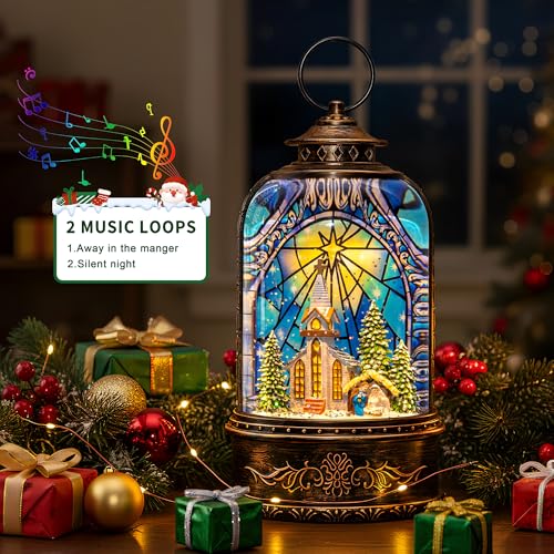 Christmas Snow Globe Lantern Water Glittering Churches & Holy Family with Music& Timer