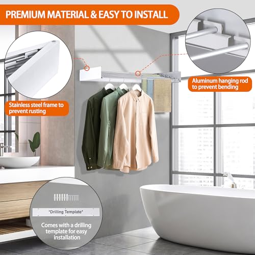 Laundry Drying Rack Wall Mounted Clothes Drying Rack Collapsible with 5 Aluminum Rods and Drilling Template Long Screwdriver Bit 60 lbs Capacity