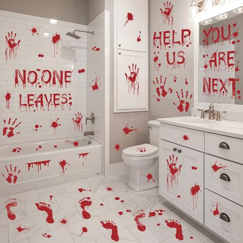 8 Sheets Halloween Bloody Handprint Footprint Floor Stickers Scary Halloween Decorations Self Adhesive Bloody Wall Decal Windows Cling Stickers for Window Floor Glass Bathroom Car Indoor Outdoor Party (8 Count)