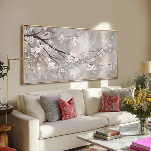 Plum blossom Wall Decor White Flowers Painting on Canvas Nature Wall Art for Bedroom 24"x 48" Wall Decorations for Living Room Office
