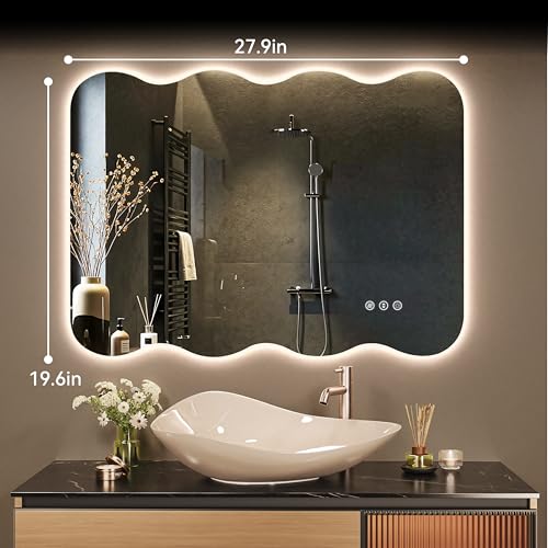 28"x20" Wavy Mirror with Lights Frameless Backlit LED Wall Mirror