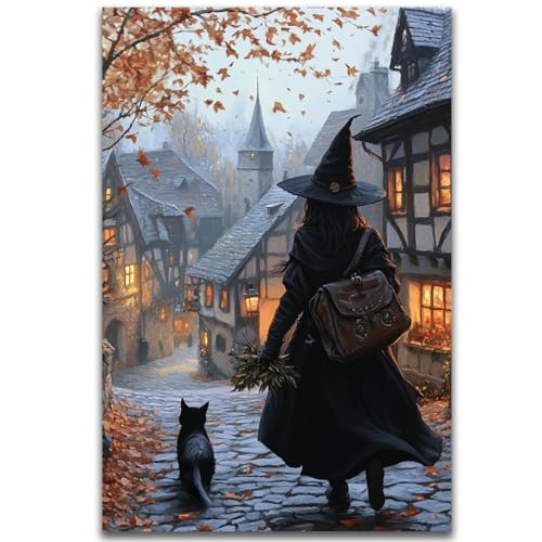 Autumn Witch And Black Cat Picture Wall Decor