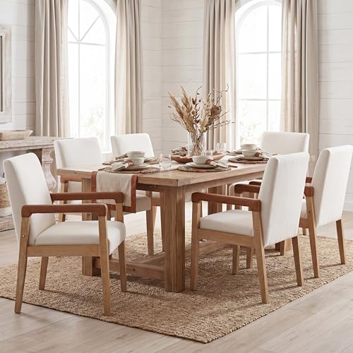 Modern Dining Chairs Set of 6 Linen Fabric Kitchen Arm Chairs Upholstered Accent Chairs with Wooden Legs for Dining Room (6 Count)