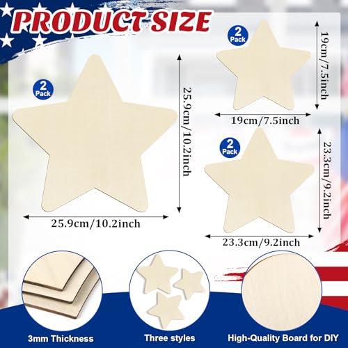 Large Size Wooden Star 4th of July Ornaments to Paint (6 Count)