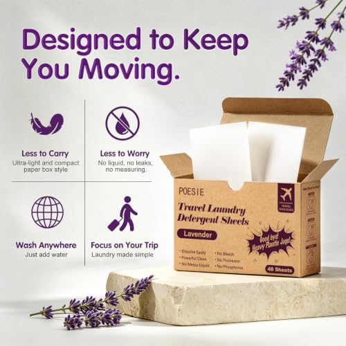 Travel Laundry Detergent Strips Lavender Scent 40 Sheets (40 Count)