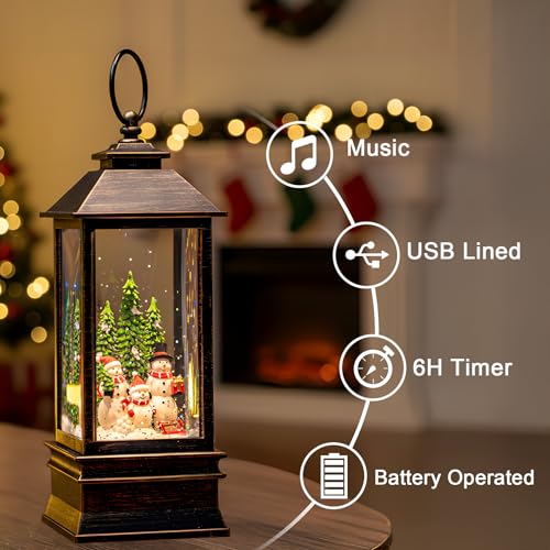 10'' Musical Snow Globe Lantern Lighted Snowman Family Water Lantern Swirling Glittering Home Decoration and Gift