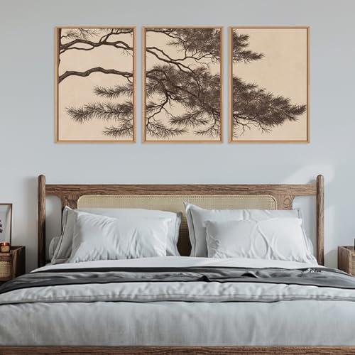 Large Vintage Pine Tree Branch Framed Canvas Wall Art