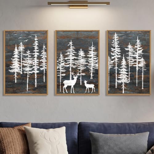 Vintage Pine Tree Deer Framed Canvas Wall Art Set