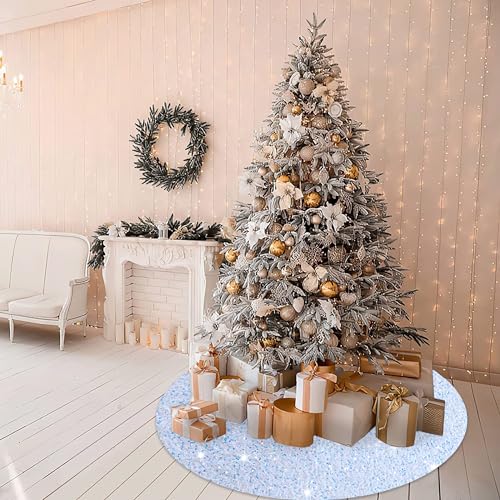 Sequin Christmas Tree Skirt Iridescent White Sparkle Tree Skirt 46 Inch Velvet Xmas Tree Mat Thick Bling Tree Skirt Christmas Decoration Shimmer Tree Cover Skirt for Merry Christmas Party
