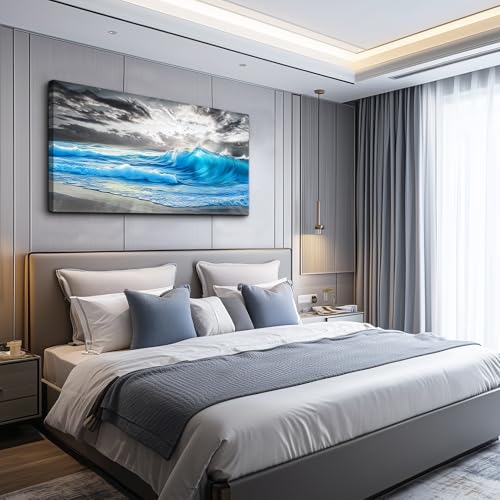 Beach Canvas Wall Art Blue Sea Wave Ocean Painting 20x40 In
