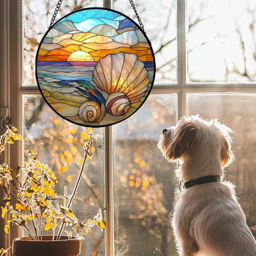 Ocean Stained Glass Window Hanging Suncatcher Beach Gifts for Women 12"