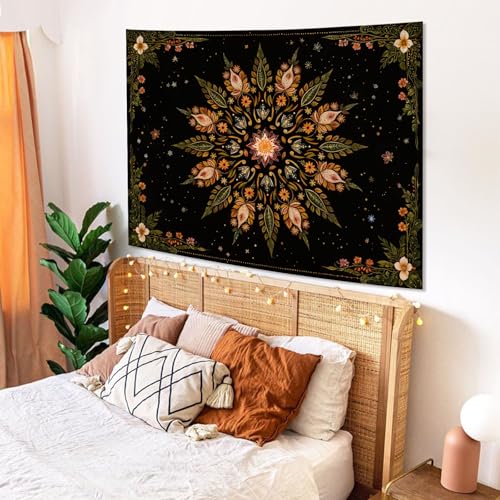 Boho Floral Mandala Tapestry for Bedroom Aesthetic Vintage Bohemian Flower Wall Tapestry Black Green Hippie Indian Small Tapestries Wall Hanging for Living Room Dorm Decor 40 x 30 Inch