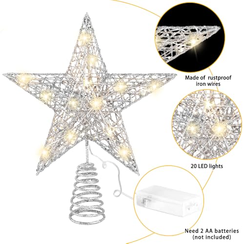11.8’’ Silvery Christmas Tree Topper Star Treetop with 20 LED