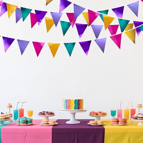 Colorful Party Decorations Hot Pink Teal Purple Metallic Fabric Triangle Pennant Banner Flag Bunting for Fiesta Carnival Rainbow Multi (35 Count)