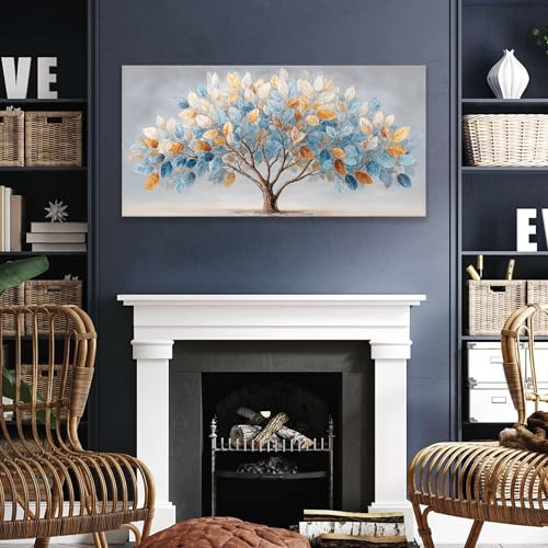 Large Canvas Wall Art Decor Blue Gold Nature Leaf Tree Canvas Art Wall Decor For Living Room Modern Botanical Wall Art Prints Gradient Color Tree Canvas Art For Bedroom Home Office Decor 24"×48"