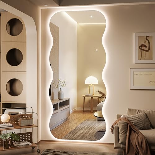 94"x39" Wavy Full Length Mirror with Lights Large Backlit Mirror