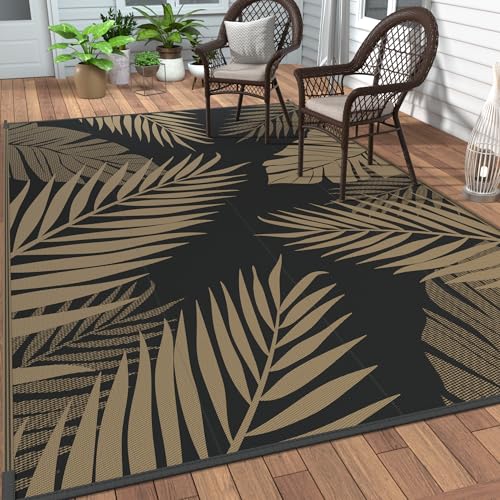 Outdoor Rug Waterproof Plastic Rugs 10'x14' for Camping Black Brown
