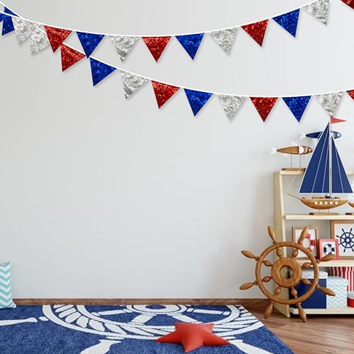 pinkblume Red Blue Silver Decorations Double Sided Sequin Fabric Triangle Pennant Banner Flag Bunting Garland for Nursery Classroom Home Bedroom Wall 4th of July American Veterans USA Holiday Decor (96 Foot)