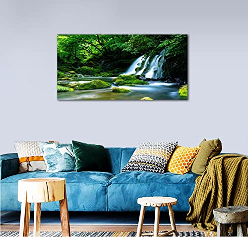 Waterfall Canvas Wall Art Living Room Decoration Large Nature Picture Artwork Modern Landscape Painting Green Forest Prints for Kitchen Office Wall Decor Home Decorations 29" x 58"