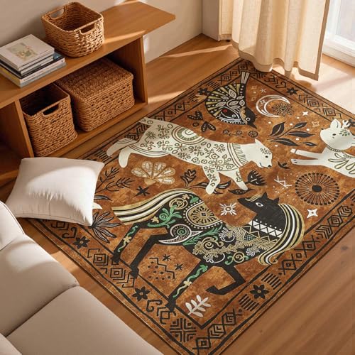5x7 Cute Area Rug Kids Washable Fun Rug Earthy Brown Starlit Boho (35 Sq Ft)