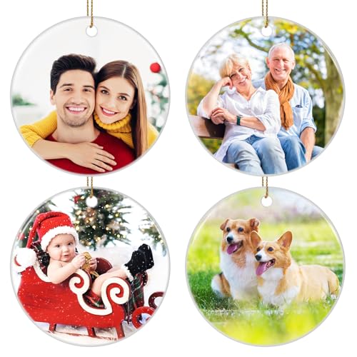 4 Pack Personalized Christmas Ornaments 2025 Ceramic Custom Photo Text Hanging Ornament for Christmas Tree Decorations (4 Count)