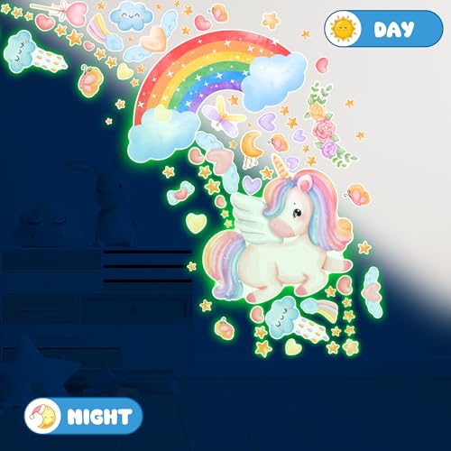 Large Unicorn and Rainbow Wall Decals Glow in The Dark