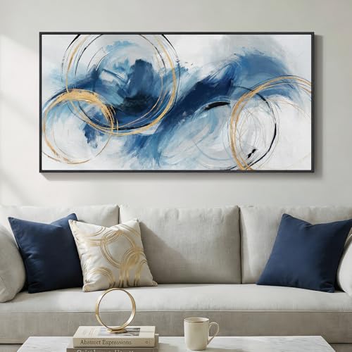 Large Framed Navy Blue Abstract Wall Art for Living Room