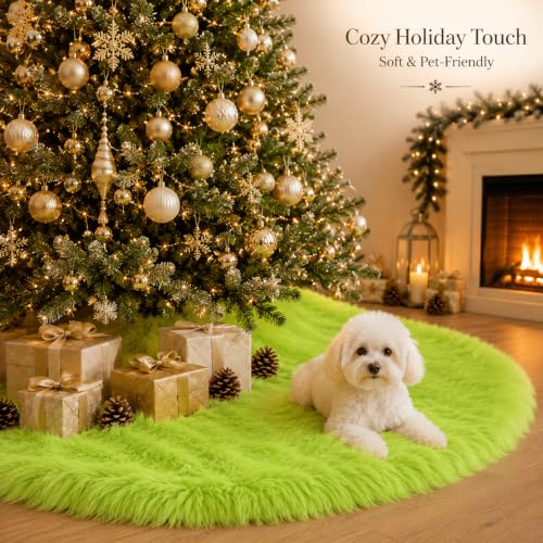 60 Inch Faux Fur Christmas Tree Skirt Green Plush Skirt for Merry Christmas Party Christmas Tree Decoration