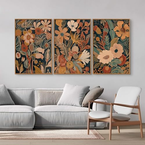 Vintage Burnt Orange Floral Framed Canvas Wall Art Set of 3 (3 Count)