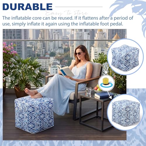 2 Pack Inflatable Outdoor Ottoman Pouf Waterproof Cube 16" Square Blow up Ottoman Footrest with Handle Outdoor Portable Footstool for Patio Garden Camping or Home Pool (2 Count)