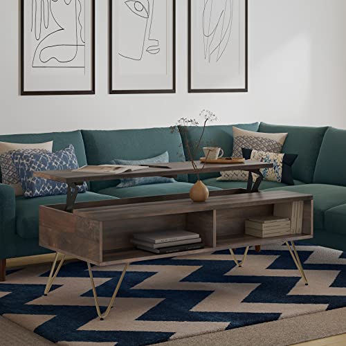 Hunter SOLID MANGO WOOD and Metal 48 inch Wide Rectangle Industrial Lift Top Coffee Table in Ebony for the Living Room and Family Room