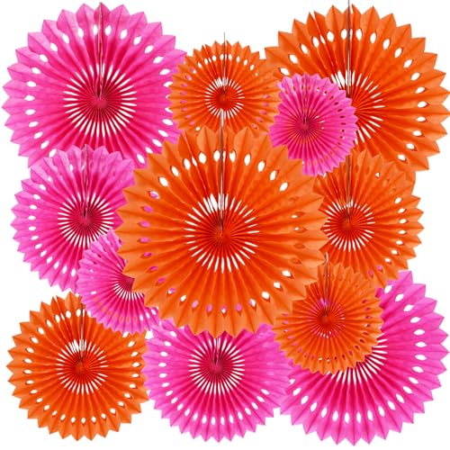 Honeycomb Round Paper Fans Pink Orange Hanging Party Decoration (12 Count)